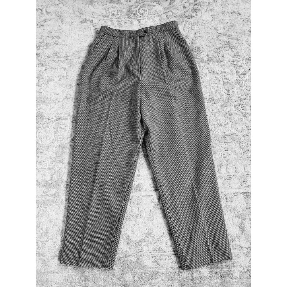 Vintage Joan Leslie Wool Blend Tweed Pants Size L Gray Houndstooth Pleat Front